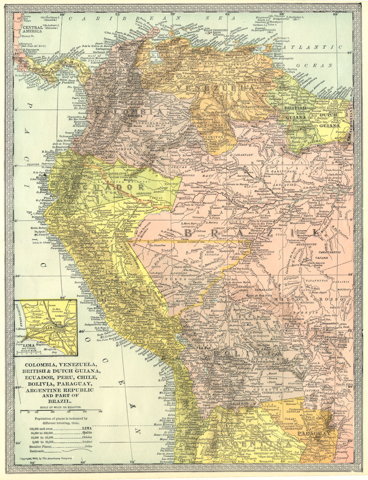 SOUTH AMERICA NW. Colombia Venezuela Ecuador Peru Bolivia Brazil. Lima 1907 map